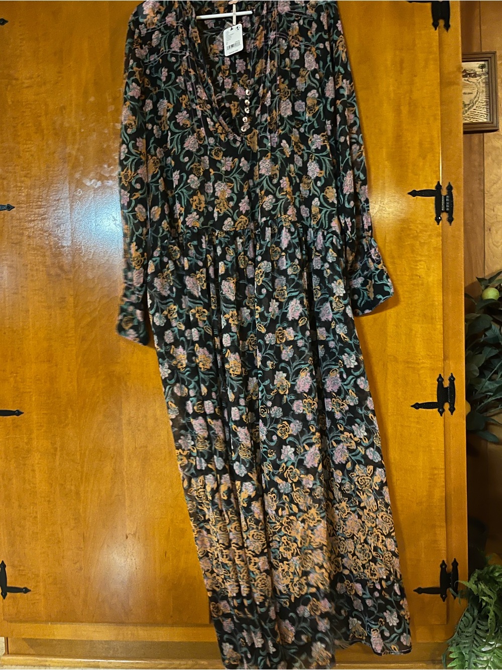 Floral Long Sleeve Maxi Dress in Black and Multicolor